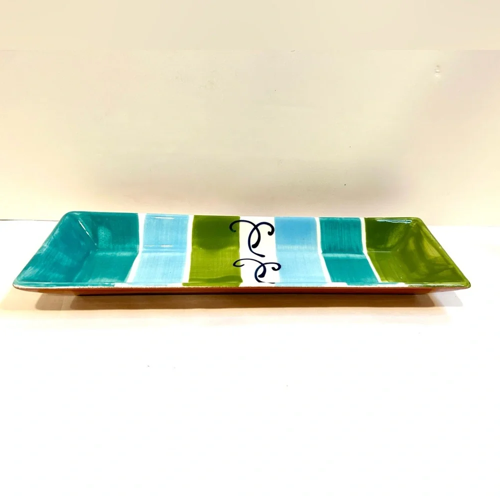 CRATE & BARREL Lago Pattern Rectangular Platter - Tourquoise Blue Green Striped
